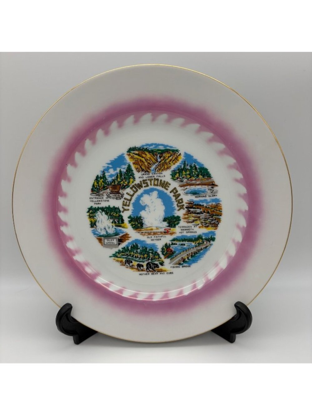 Vintage Yellowstone Park Souvenir Plate Japan Old Faithful Pink Gold Rim 10.25in